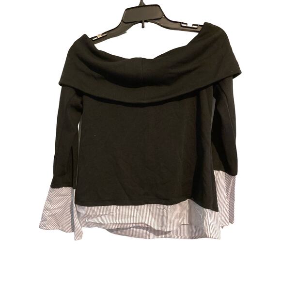 Socialite Cowl Neck Twofer Top Small Black with Blue & White Pinstripe NEW - Picture 7 of 8